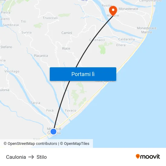 Caulonia to Stilo map