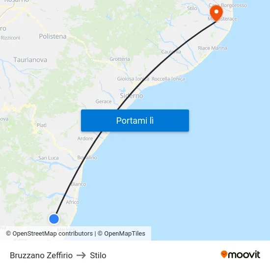 Bruzzano Zeffirio to Stilo map