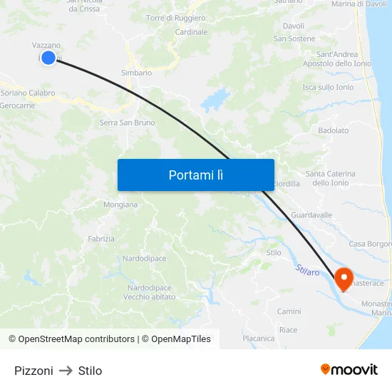 Pizzoni to Stilo map