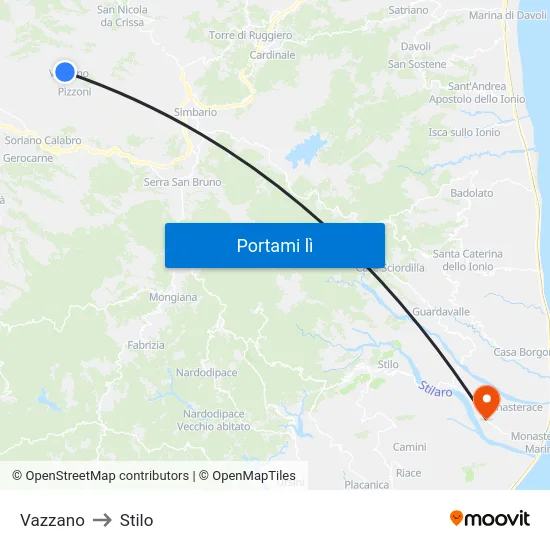 Vazzano to Stilo map