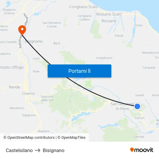 Castelsilano to Bisignano map
