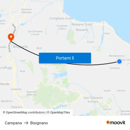 Campana to Bisignano map