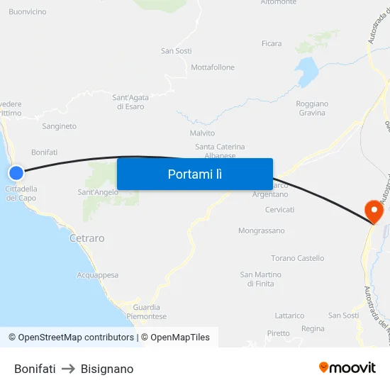 Bonifati to Bisignano map