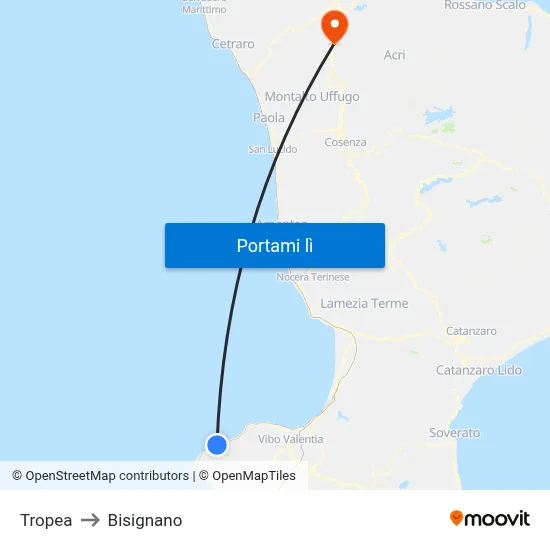 Tropea to Bisignano map