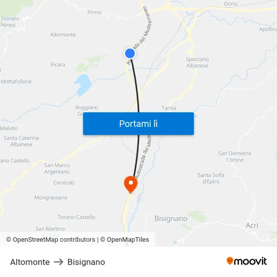 Altomonte to Bisignano map