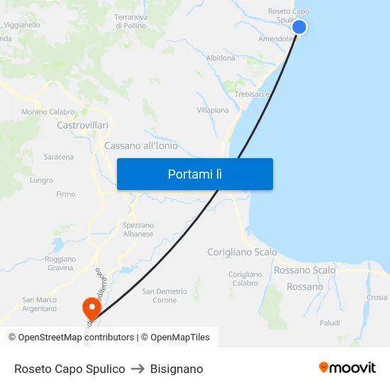 Roseto Capo Spulico to Bisignano map
