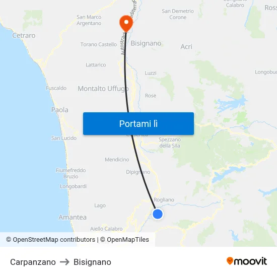 Carpanzano to Bisignano map