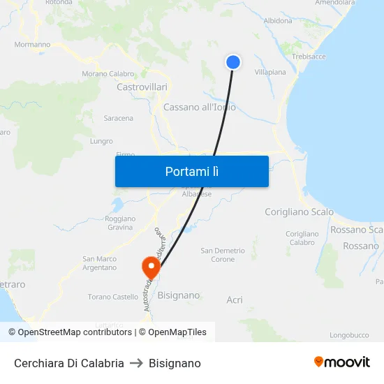 Cerchiara Di Calabria to Bisignano map