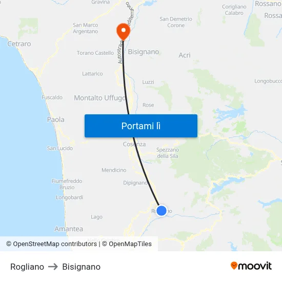 Rogliano to Bisignano map