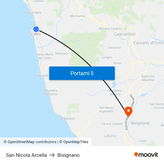 San Nicola Arcella to Bisignano map