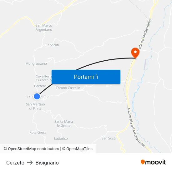 Cerzeto to Bisignano map