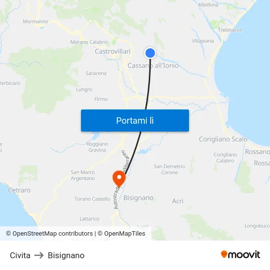 Civita to Bisignano map