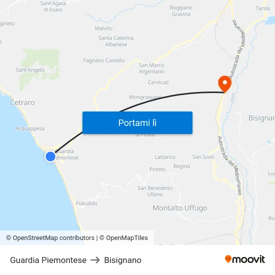 Guardia Piemontese to Bisignano map
