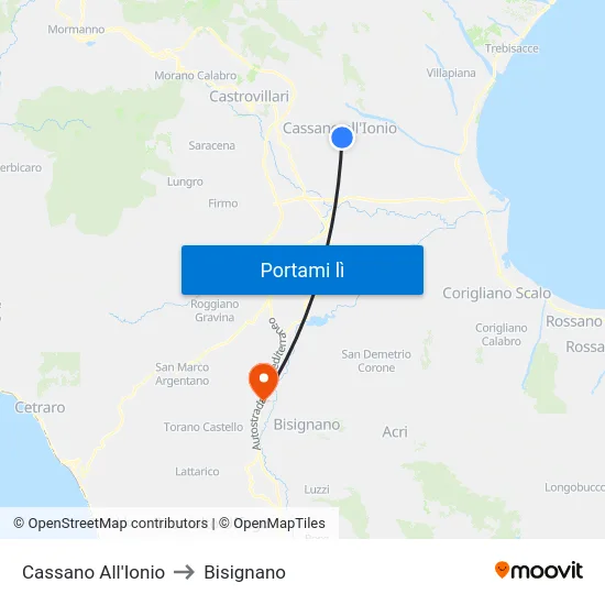 Cassano All'Ionio to Bisignano map