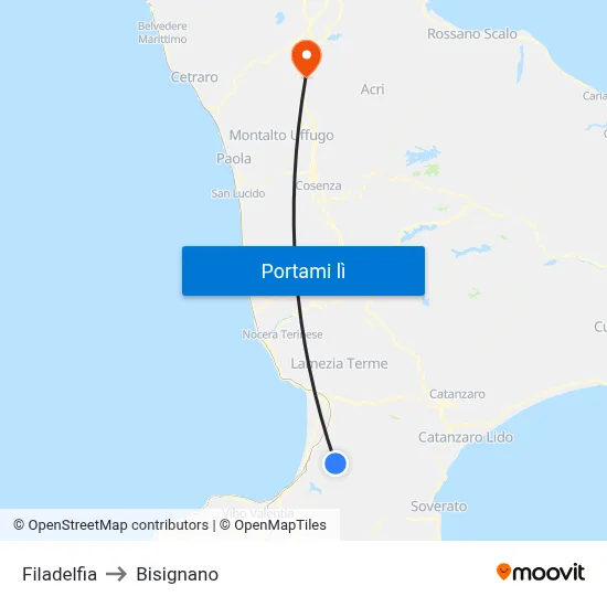 Filadelfia to Bisignano map