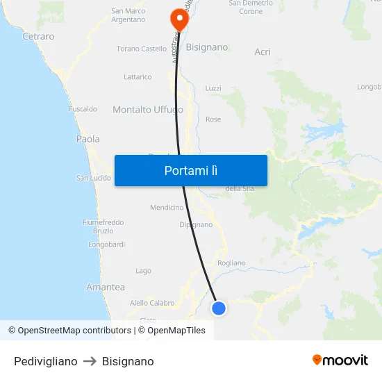 Pedivigliano to Bisignano map