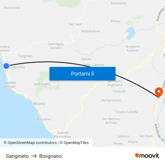Sangineto to Bisignano map