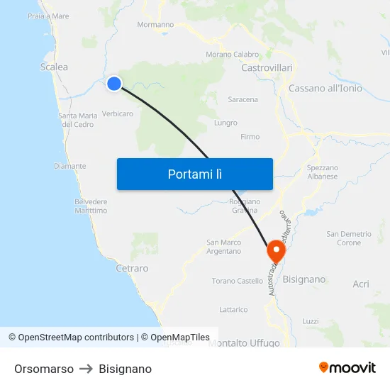 Orsomarso to Bisignano map