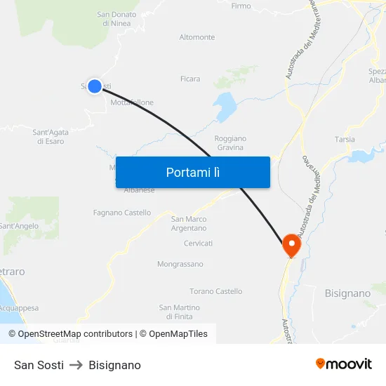 San Sosti to Bisignano map