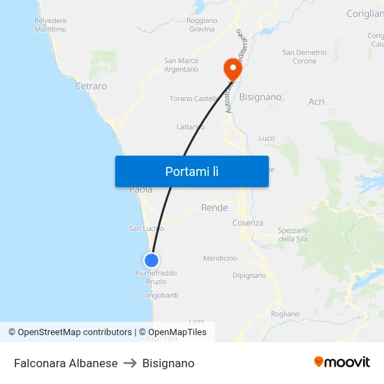 Falconara Albanese to Bisignano map