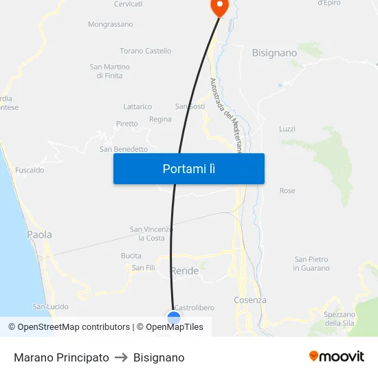 Marano Principato to Bisignano map