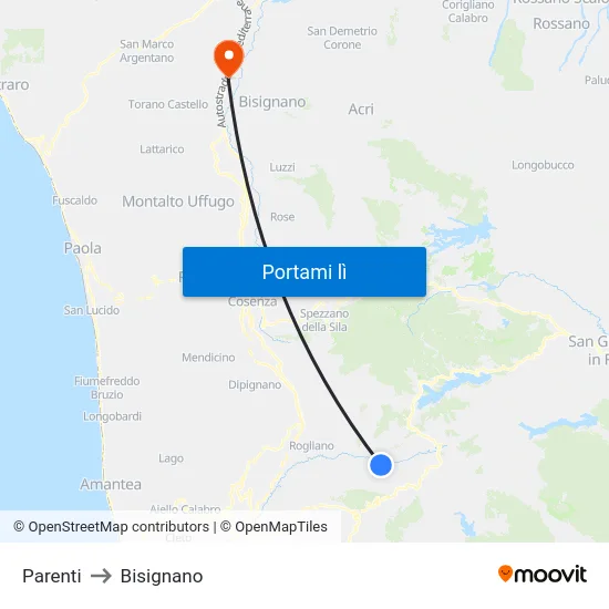 Parenti to Bisignano map