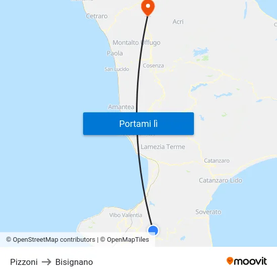 Pizzoni to Bisignano map