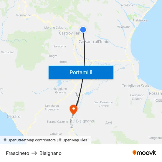 Frascineto to Bisignano map