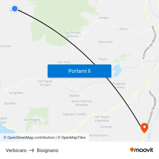 Verbicaro to Bisignano map