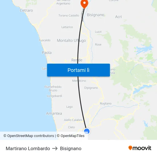 Martirano Lombardo to Bisignano map