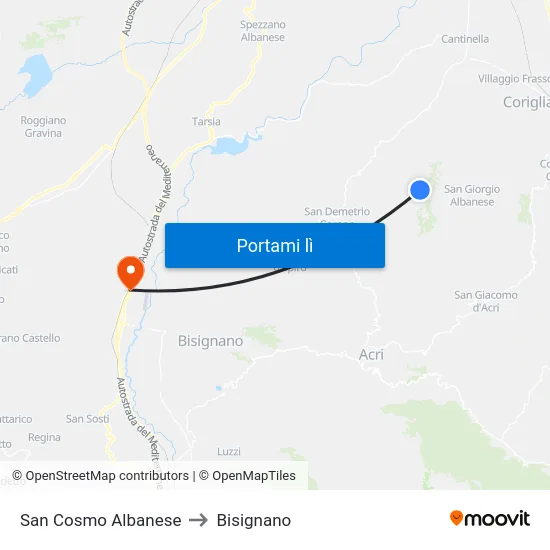 San Cosmo Albanese to Bisignano map
