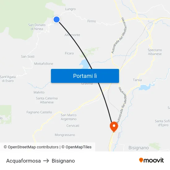 Acquaformosa to Bisignano map