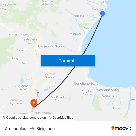 Amendolara to Bisignano map