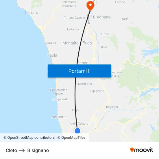 Cleto to Bisignano map