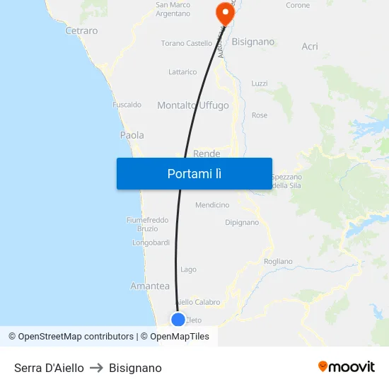 Serra D'Aiello to Bisignano map