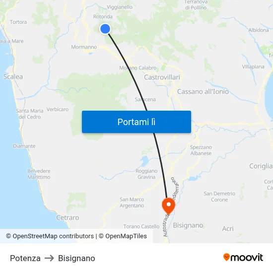 Potenza to Bisignano map