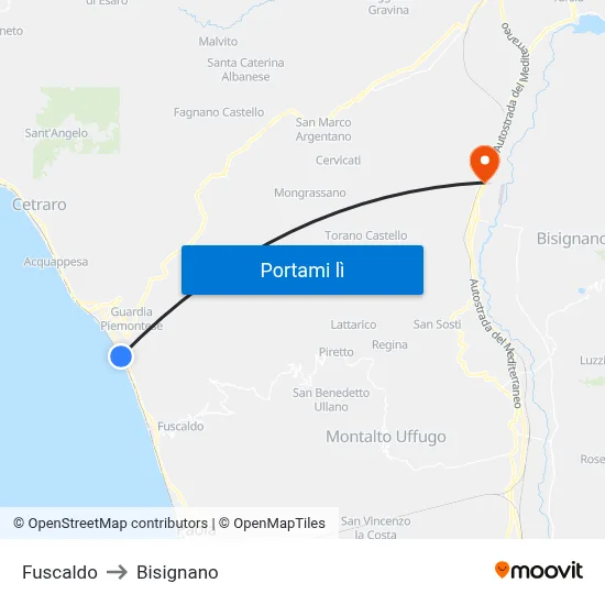 Fuscaldo to Bisignano map
