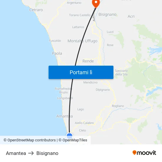 Amantea to Bisignano map