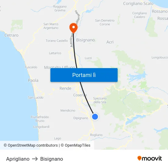 Aprigliano to Bisignano map