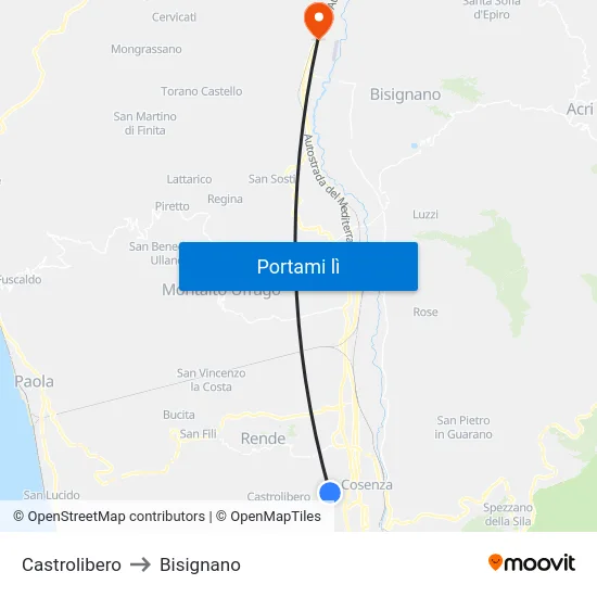 Castrolibero to Bisignano map