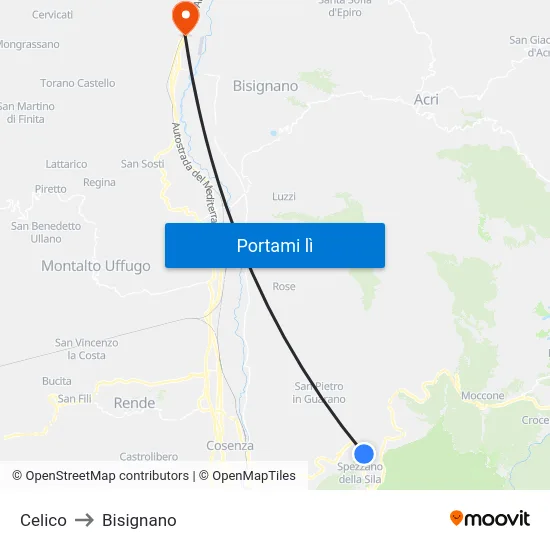 Celico to Bisignano map