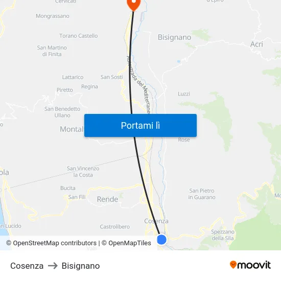 Cosenza to Bisignano map