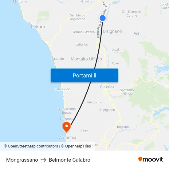 Mongrassano to Belmonte Calabro map