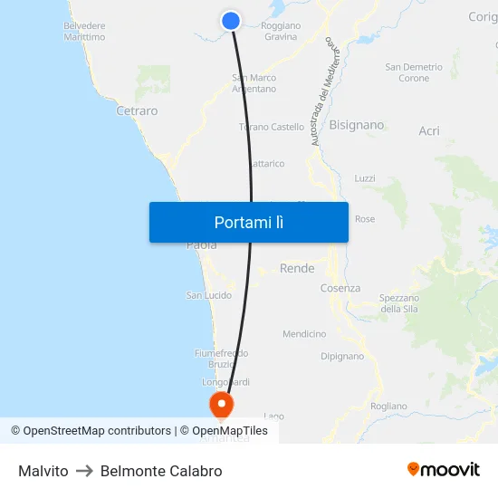 Malvito to Belmonte Calabro map