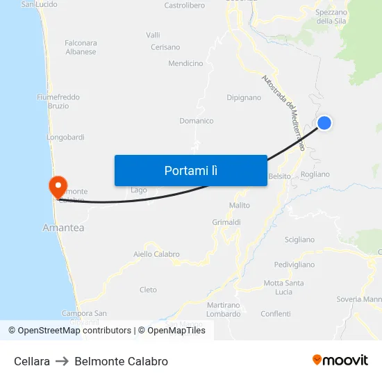 Cellara to Belmonte Calabro map