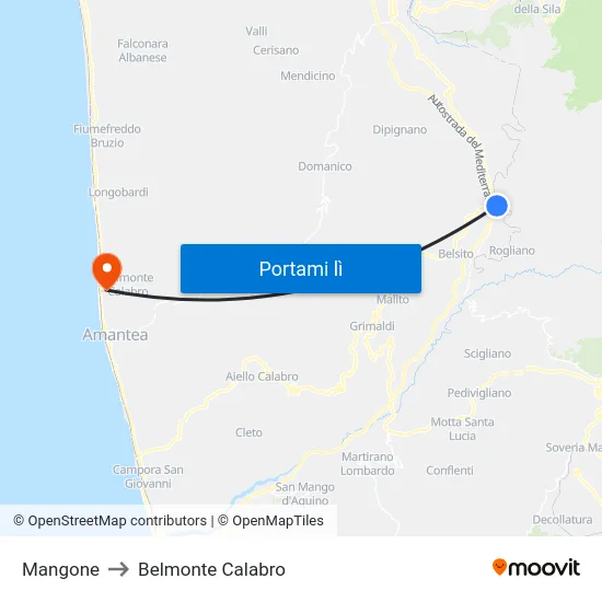 Mangone to Belmonte Calabro map