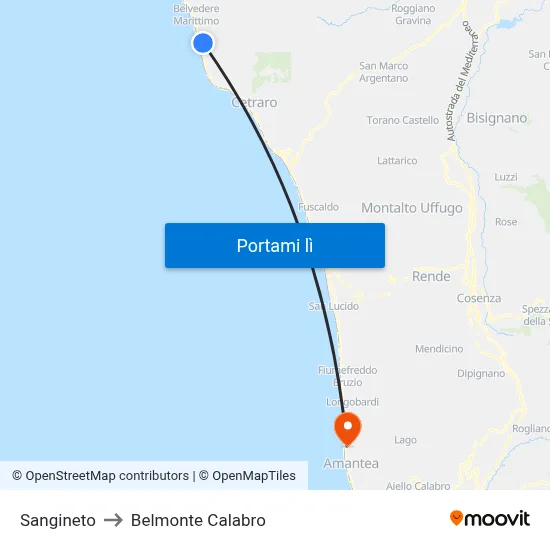 Sangineto to Belmonte Calabro map