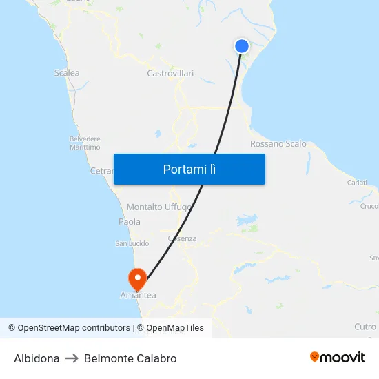 Albidona to Belmonte Calabro map