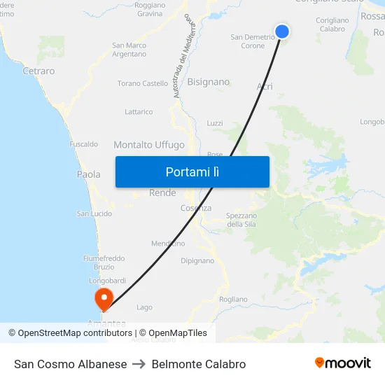 San Cosmo Albanese to Belmonte Calabro map