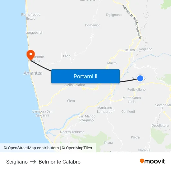 Scigliano to Belmonte Calabro map